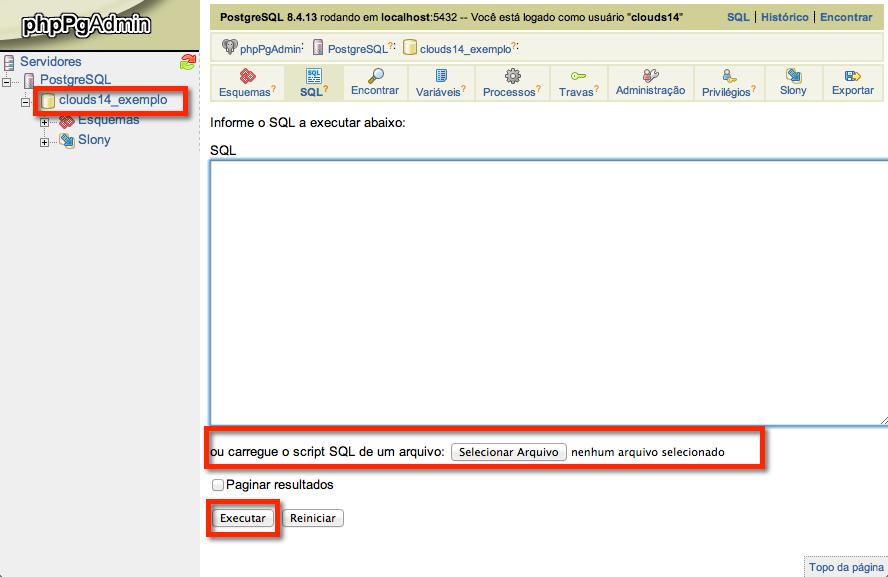 Importando no PostgreSQL do cpanel Para Importar, no phppgadmin do cpanel, clique sobre o banco de dados.