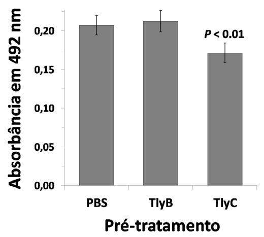 Figura 16: Adesão de leptospira ao Matrigel em um ensaio de competição com rtlyb e rtlyc. TlyC causou uma redução modesta (17%), mas significante na adesão de leptospiras.