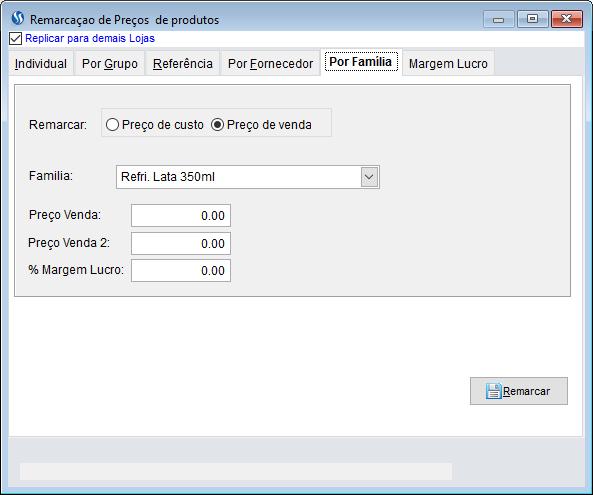 Por Família 3.12 Na parte superior acesse a aba Por Família; (seta A) 3.13 Remarcar: Marque a opção que deseja alterar; (seta B) 3.14 Família: Escolha a família que deseja alterar o preço; (seta C) 3.