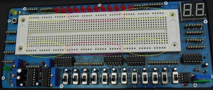 O KIT ED_EE01 possui um protoboard de 700 pontos, sendo que os furos externos (horizontal) são divididos em grupos de 3 e 4 conforme mostra a figura 4.