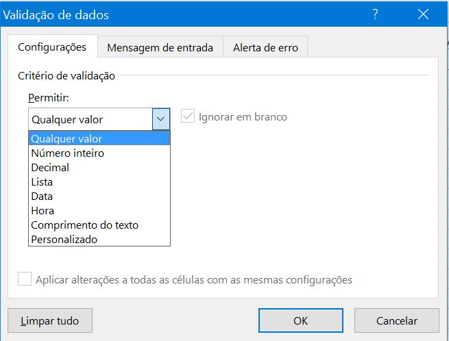 Se preferir, pode permitir que os usuários insiram dados inválidos, mas avisá-los quando tentarem digitar esse tipo de dados na célula.