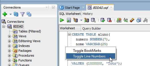 Toggle Line Numbers SQL Worksheet