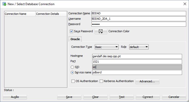 Procedimento (3/3) Ligar à BD Alojada no Servidor Oracle 4/5 4. Completar as entradas da caixa de diálogo Database Connection.