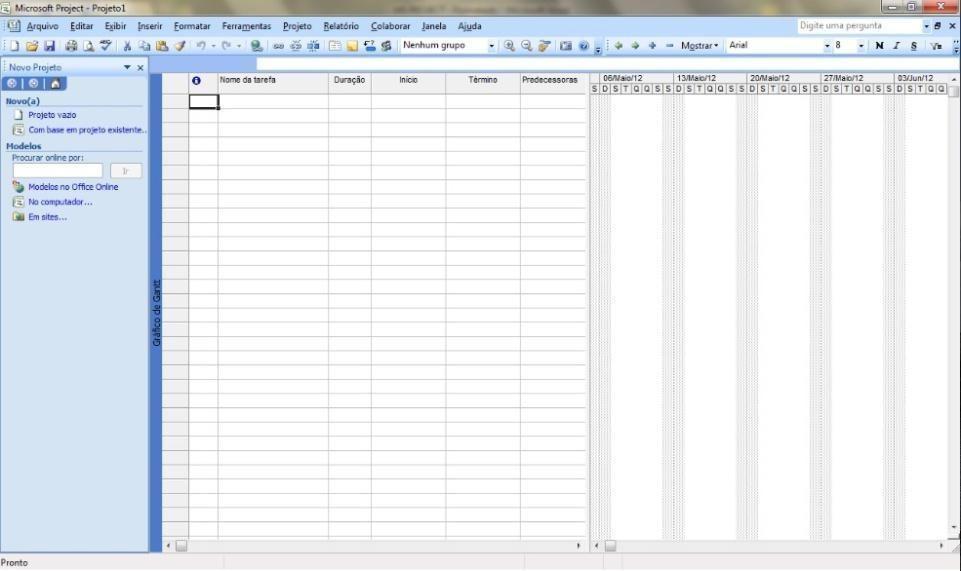 3 12 Ms Project A área de trabalho do Ms Project 2007 é composta por: Barra de Menu: Composta pelas guias Arquivo, Editar, Exibir, Inserir, Formatar, Ferramentas, Projeto, Relatório, Colaborar,