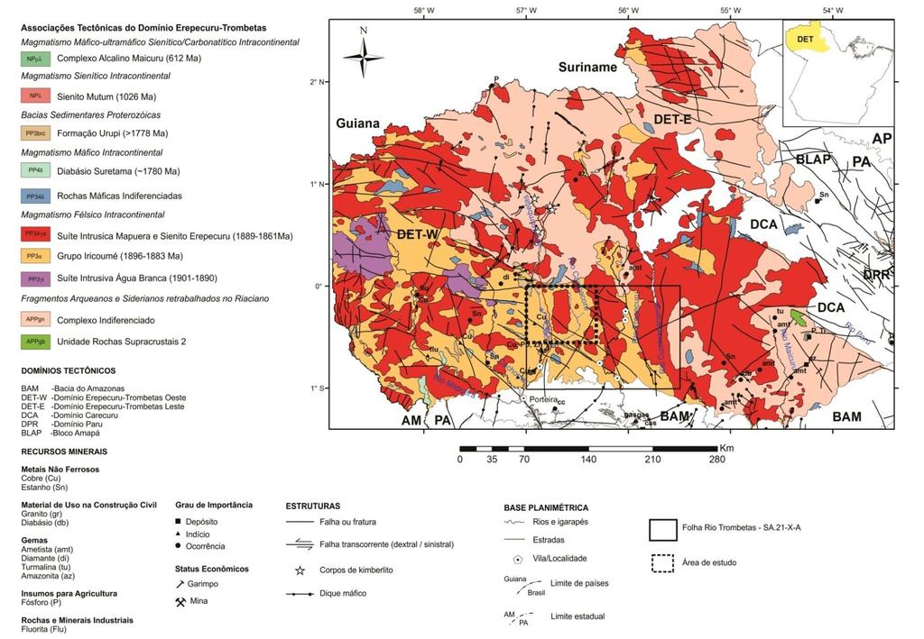 Figura 6 - Associações tectônicas e recursos minerais do Domínio Erepecuru-Trombetas.