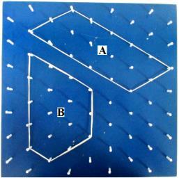 Material: Geoplano isométrico. Represente um hexágono com perímetro P = 16u e medindo 40u 2 de área triangular A. 20.