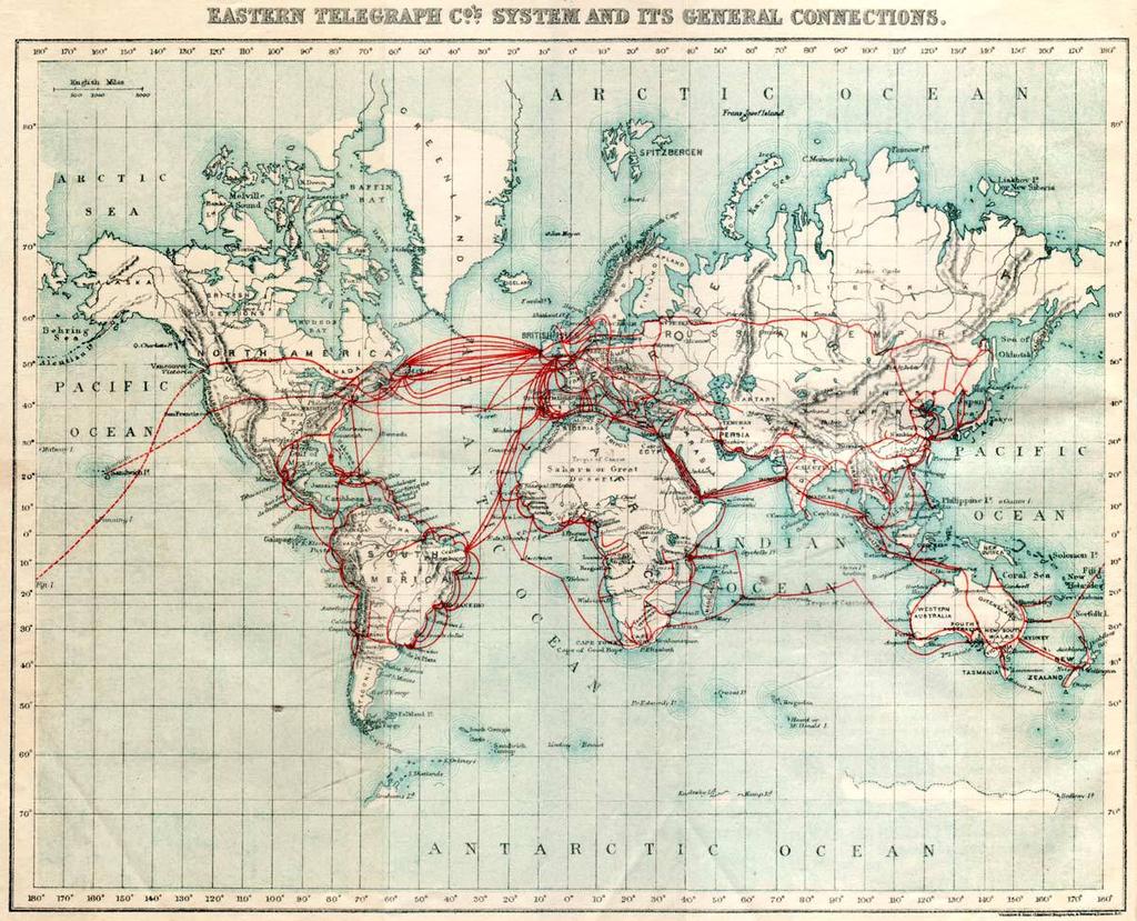 Não era sempre assim cabos telegráficos submarinos da Internet vitoriana (1901) O crescimento explosivo de telegrafia internacional depois de 1850 gerou a construção de uma imensa malha de cabos