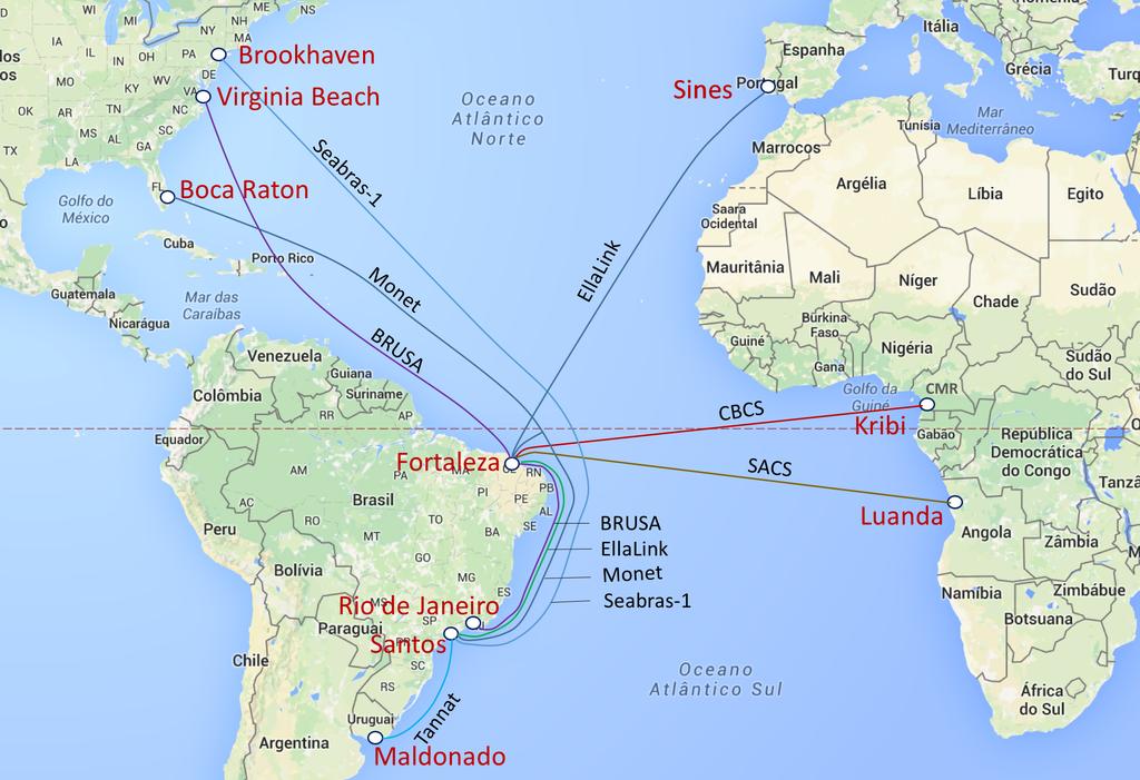 A nova explosão de conec>vidade internacional: cabos de 100G para Brazil (situação até 2020) Novos cabos: EUA (3) BRUSA