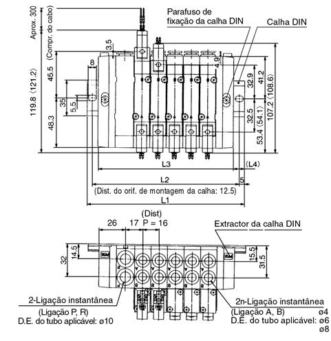 Tipo 45 Dimensões da Série 5000 SS5Y5-45- Estações D- C6 -Q SS5Y5-45- Estações U- C6 -Q Nota)< >: Valores com supressor de picos de tensão Estações n L L4 2 110.5 100 84 1 4 5 6 7 8 9 10 148 160.