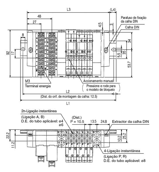 Tipo45 000: Modelo de bloco de terminais com 18 pinos/cablagem interna SS5Y-45T1U- Estações D- C6-Q (18 pinos) Escala: 0% Nota) Dimensões a L4 do SS5Y-451U- Estações U- C6-Q são idênticas às de