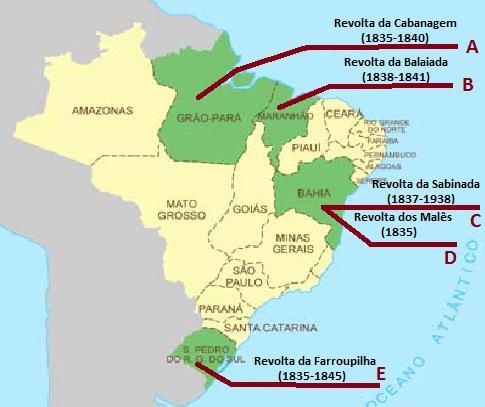 4. O mapa a seguir indica as revoltas do período Regencial, no Brasil Império.