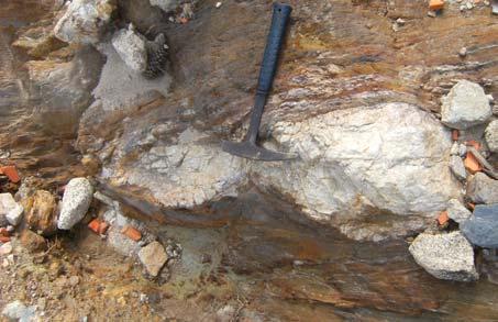 Pormenor da estrutura de encraves de rochas xistentas e das lentículas pegmatíticas associadas. Localização das pareagens.