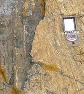 Em todo o afloramento a rocha evidencia ocelos de feldspato potássico+quartzo com dimensão centimétrica.