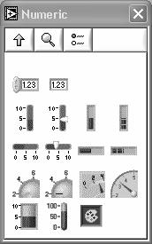 Palettes Cada item de uma palette com uma seta preta no canto superior direito tem uma sub-pallete Por exemplo, na palette Controls existe uma sub-palette Numeric, onde se podem seleccionar