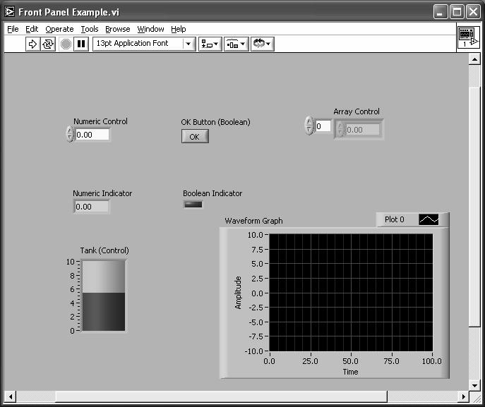 Painel Frontal Botões Run, Run Continuously, Abort e Pause Controlo Boolean Ícone Controlo Numérico Controlo Array Indicador Numérico Indicador Boolean (LED) Controlo Numérico (Tank) Gráfico Waveform