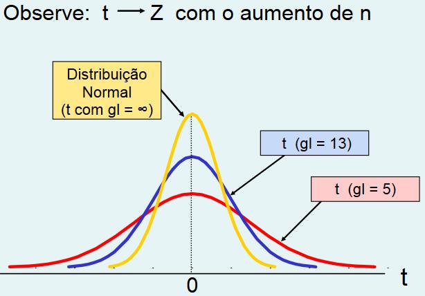 Distribuição t Cada curva t é determinada pelos seus graus de liberdade