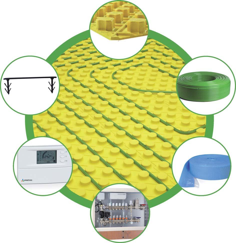 SISTEMA INTEGRAL DE PISO RADIANTE COM PAINEL ISOLANTE MOLDADO Principais componentes: 1. Painel isolante 6. Grampo fixa-tubos 2. Tubagem 5. Regulação 3. Banda perimetral 4.