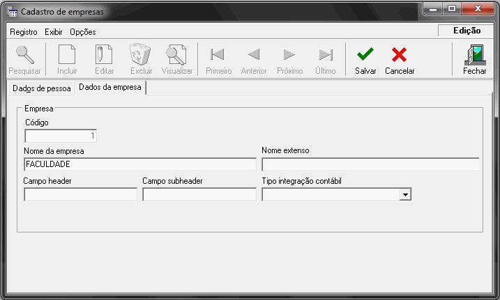 Na aba Dados da Empresa é necessário informar o código da empresa que está sendo cadastrada, o seu nome, e o nome completo.