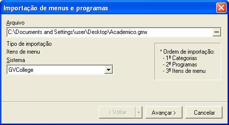 O Importador de programas e menus identifica automaticamente quando o usuário tenta fazer a importação de Itens de Menu, e habilita um campo para a seleção do Sistema que será importado.