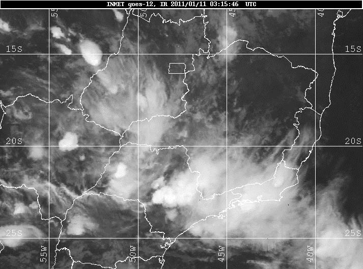 A imagem do satélite GOES-12 no canal infravermelho e do topo de nuvens do dia 11 de janeiro de 2011 já mostrava nuvens carregadas, conforme Figura 1.