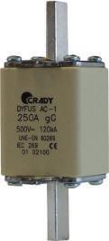FUSÍVEIS DE FACA NH Fusíveis de faca de alto poder de corte para protecção de linhas (GL) ou motores (am) Intensidade nominal: 6A a 1250A (GL) ou 10A a 1000A (am) Tensão nominal: 500V AC a 690V AC