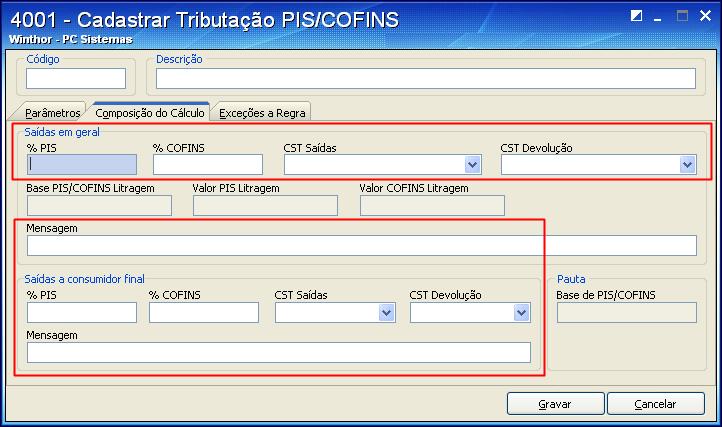 Caso marque, simultaneamente, as opções Preço da Mercadoria (Valor Líquido) e Utilizar Parâmetros Diferentes de PIS/COFINS para Venda a Consumidor Final na aba Parâmetros, preencha os campos