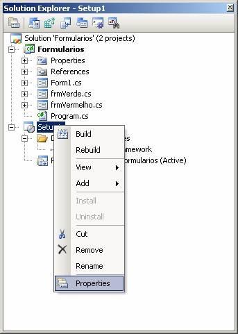 12 - Na janela Solution Explorer, clique com o botão direito do mouse sobre Setup1 e clique e em Properties. É exibida a caixa de diálogo Setup1 Property Pages.