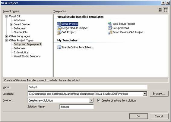 Repare em Templates nas seguites opções: Setup Project - cria programa de instalação que usa o Windows Installer.