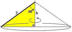 Como sen(60o)=h/20, então (1/2) R[3] = h/20 h = 10 R[3] cm Como V = (1/3) (A(base).h, então: V = (1/3) pi.r²h V = (1/3) pi.10².10 R[3] V = (1/3) 1000.R[3].pi cm³ Se r=10cm; g=20cm e A(lateral)=pi.r.g, escreveremos: A(lataral) = pi.