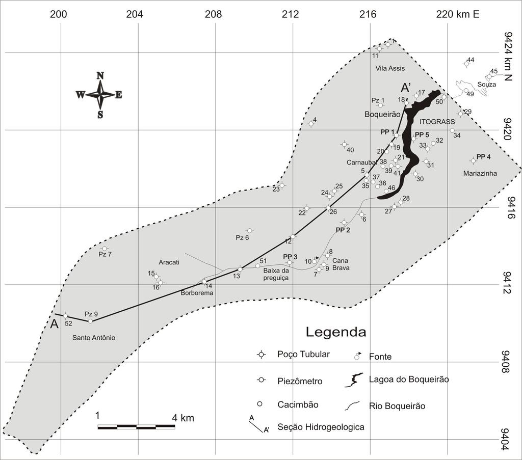 Avaliação integrada dos recursos de águas subterrâneas e superficiais da bacia do rio Boqueirão, a oeste de Touros, RN Figura 3-Mapa de localização dos poços cadastrados e da seção hidrogeológica AA