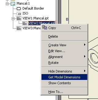 Autodesk Inventor 5 Parte 2 Pág. 11/24 Repare que a vista superior veio sem as cotas. Vá até o Browser, clique com o botão direito sobre VIEW2:Mancal.