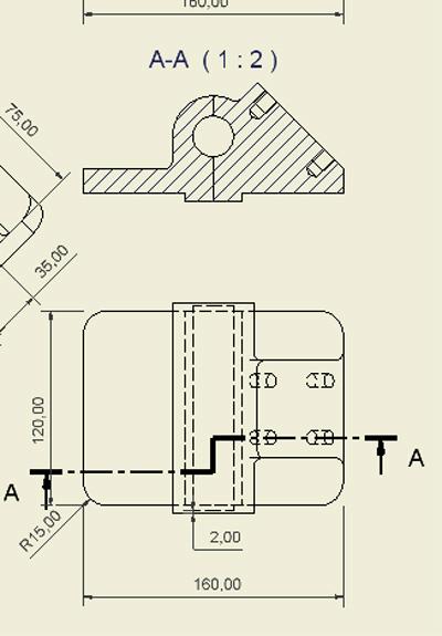 Autodesk Inventor 5 Parte 2 Pág. 20/24 Figura 23 Criando a vista de detalhe Agora criaremos a vista de detalhe de um dos furos, baseado na vista de corte.