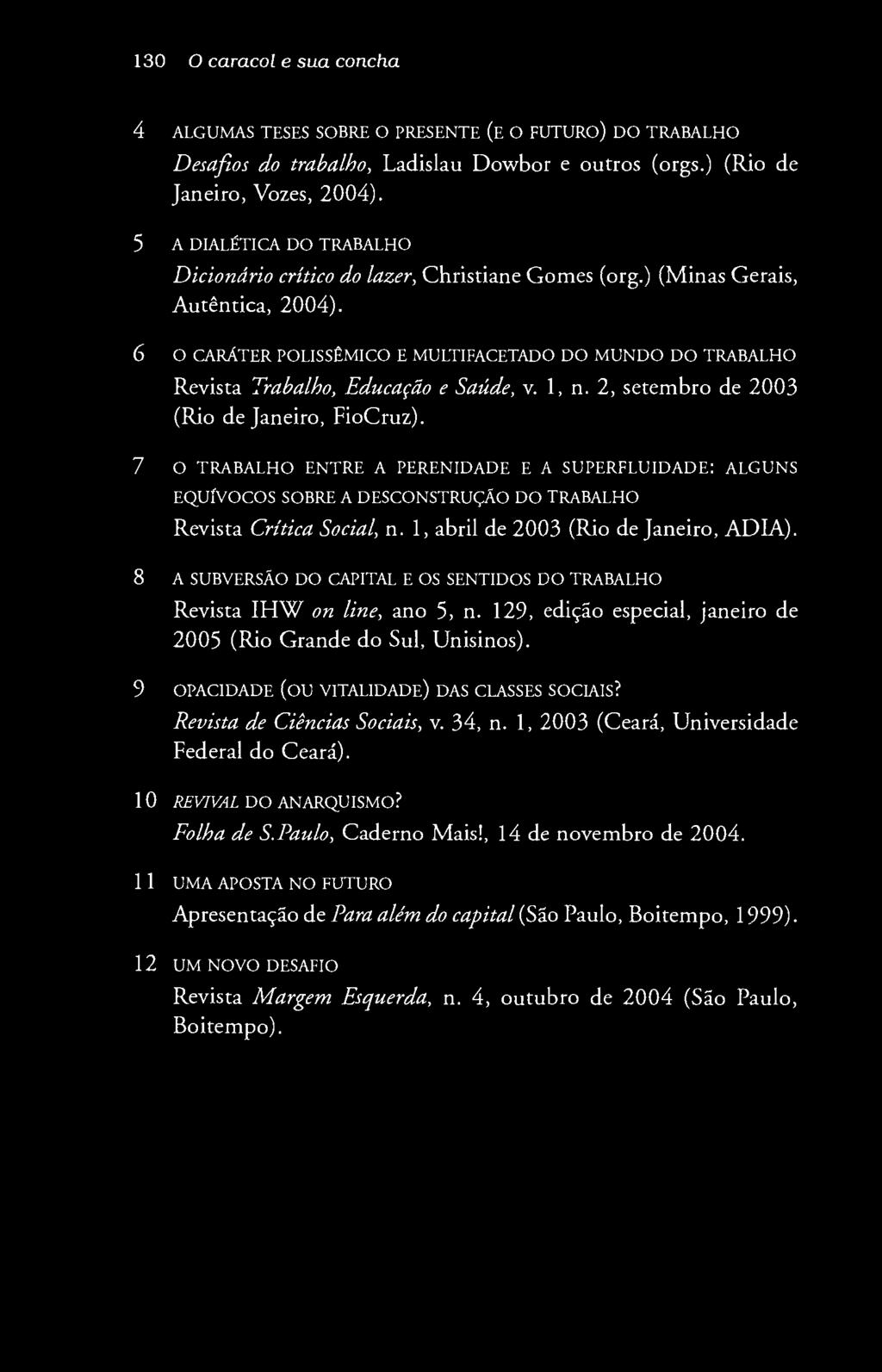 130 O caracol e sua concha 4 A L G U M A S T E SE S SO B R E O PRESEN TE ( e O F U T U R O ) D O T R A B A L H O Desafios do trabalho, Ladislau Dowbor e outros (orgs.) (Rio de Janeiro, Vozes, 2004).