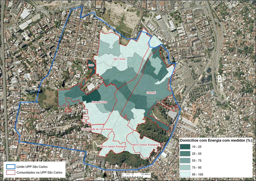 Mapa 5 Percentual de Domicílios Particulares Permanentes com Energia Elétrica da Companhia Distribuidora e com Medidor ou Relógio segundo os Setores Censitários das comunidades na UPP São Carlos 2010