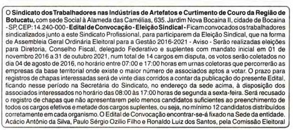 São Paulo - 10/06/2016 Pág: B7] 2-Sindicato dos Trabalhadores naslndúatrlas de Artefatos