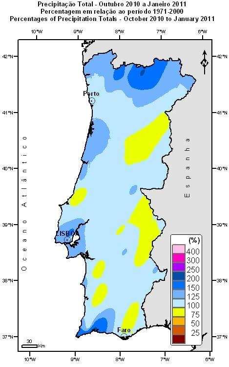 Os valores da quantidade de precipitação, em Janeiro de 2011, variaram entre 221 mm em Reguengos e 1121 mm em Cabril (Figura 5) e em termos de percentagem, em relação ao valor médio no período