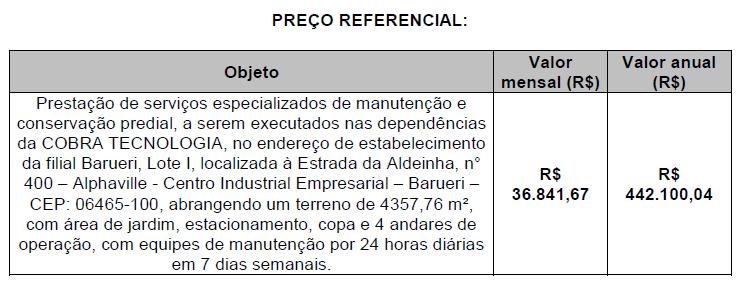 ERRATA A COBRA TECNOLOGIA S.A no uso de suas atribuições torna público aos interessados, a Errata 01 do Edital nº 58-2015-05-21, com as seguintes alterações: 1) Página 38, Onde se lê: 3.7.