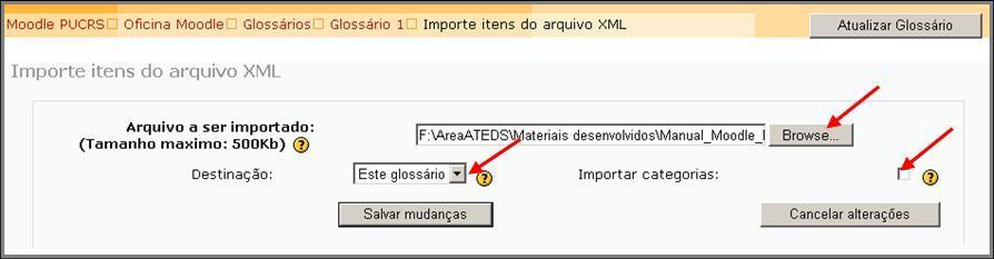 Abaix desse btã, vcê visualiza dis links, Imprtar itens e Exprtar itens, e ainda um ícne n qual vcê pde clicar para visualizar uma versã para impressã d glssári.