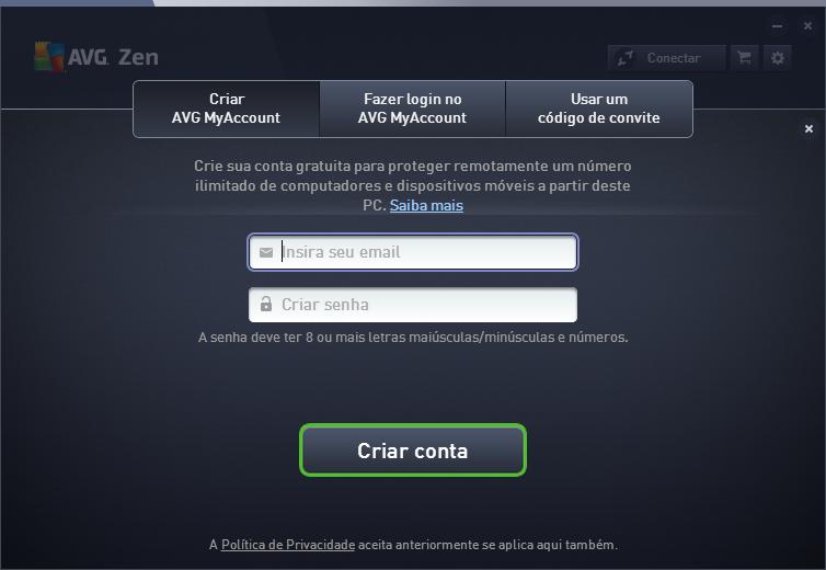 2. Clique no botão Criar AVG MyAccount. 3. Insira seu email de login, defina sua senha, digite-a novamente e clique no botão Criar conta. 4.