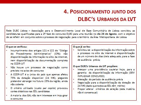 Foi referida a importância do território poder beneficiar destes fundos e o receio de existir uma mobilização dos DLBC s Urbanos que atrase o processo e prejudique EDL s Rurais que dependem destes