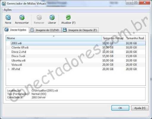 É possível criar novos discos, remover da VitualBox ou
