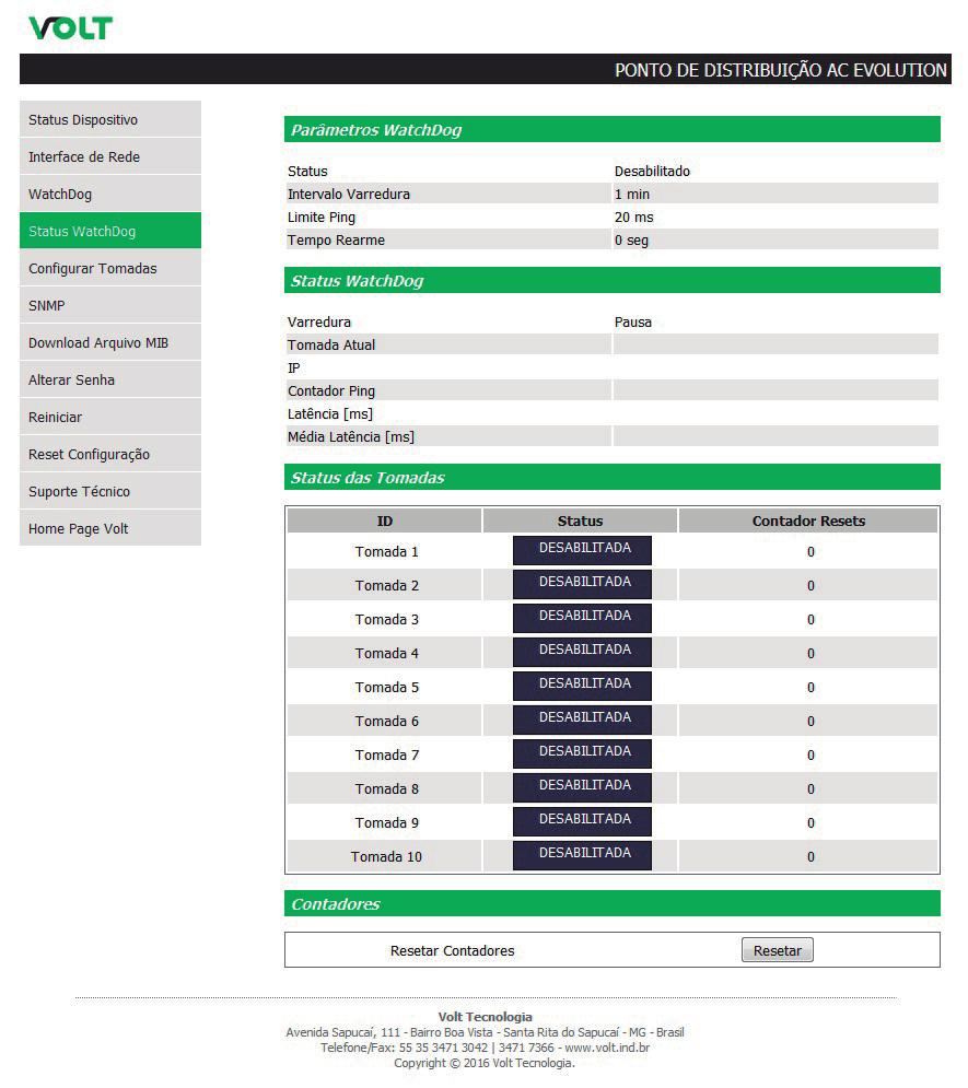 Apresenta a página de configuração dos parâmetros do WatchDog do dispositivo.