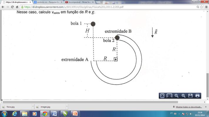33) A figura a seguir ilustra um tubo em forma de 3/4 de um arco de circunferência, posicionado no plano vertical. As bolas 1 e 2 possuem massas M1 e M2.