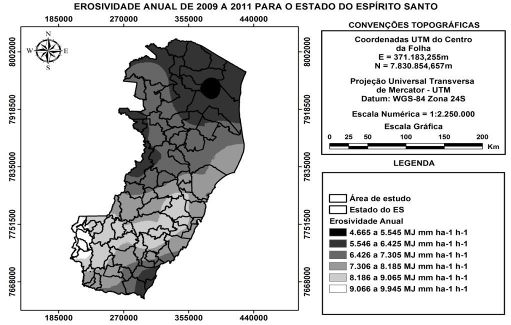 Análise espaço-temporal do potencial erosivo anual da chuva no Estado do Espírito Santo Figura 4 Mapa da erosividade média anual da chuva para o Estado do ES durante o período de 2009-2011.