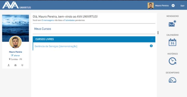 Acessando as disciplinas Depois de logar, você verá a tela de Boas Vindas, com seus dados de perfil e a lista de cursos em que você está matriculado.