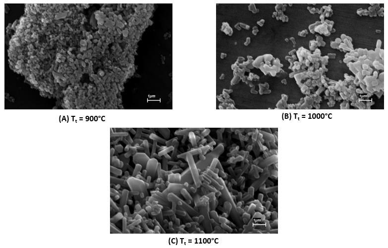 39 Figura 18 - Micrografias da HAP obtida via KH 2PO 4, com diferentes temperaturas de tratamento de (A) 900ºC, (B) 1000ºC e (C)