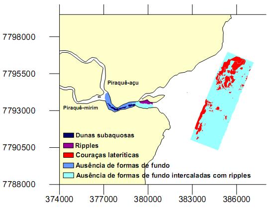 A batimetria do canal do estuário e da região da plataforma continental adjacente à sua desembocadura (Fig. 2) mostra uma variação da profundidade ao longo do ambiente.