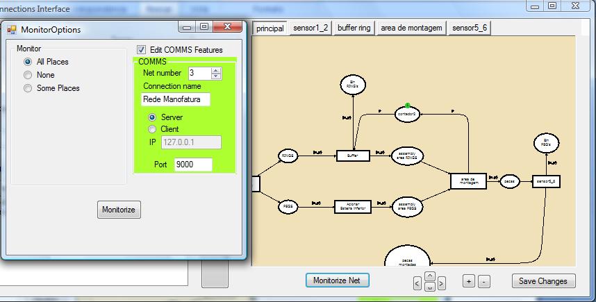 Interfaces de Comunicación para el software CPN Tools Monitorización de la CPN y ventana de edición de parámetros y de preparación para la monitorización.