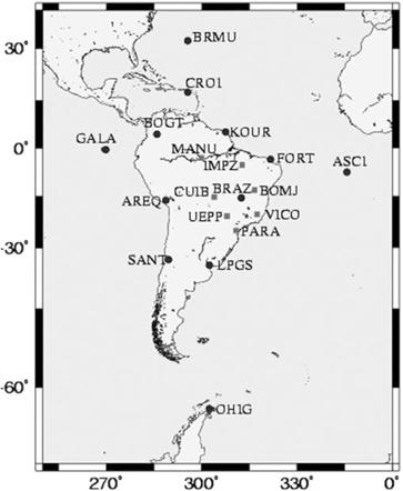 Figura 21 - Distribuição das estações da RBMC e IGS. Fonte: Costa, Santos e Gemael (2003). Na Tabela 24 estão presentes as coordenadas do polo de Euler e velocidade angular da placa SOAM.