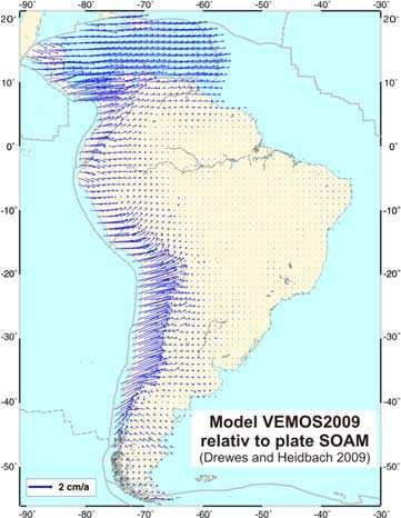Tabela 33 - Componentes da velocidade angular da placa Sul-Americana. Modelo ω rad/ma ω rad/ma ω rad/ma VEMOS2014(SIR14P01) -0,0014136-0,0014235-0,0006596 Fonte: Adaptado Drewes e Sánchez (2014).